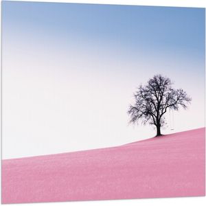 WallClassics - Vlag - Boom op Roze Heuvel - 100x100 cm Foto op Polyester Vlag