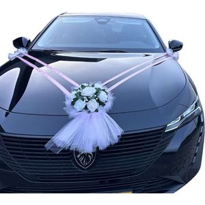 AUTODECO.NL - MELISSA Trouwauto Versiering Poeder roze & Wit - Huwelijk Autodecoratie - Bruiloft Decoratie - Bloemen voor op de Motorkap - Bloemstuk voor op de Bruidsauto - Rozen met Tule & Linten