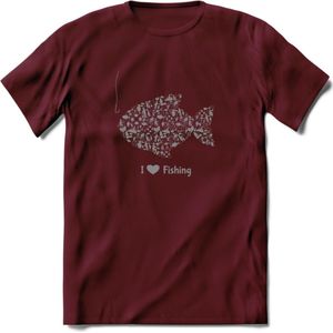 I Love Fishing - Vissen T-Shirt | Grijs | Grappig Verjaardag Vis Hobby Cadeau Shirt | Dames - Heren - Unisex | Tshirt Hengelsport Kleding Kado - Burgundy - XXL