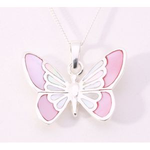 Zilveren vlinder hanger met roze en witte parelmoer aan ketting