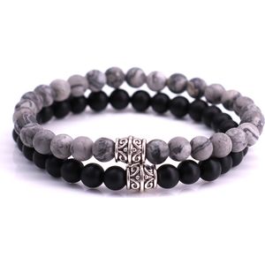 FortunaBeads Mat Basic Set Zwart Onyx x Netstone Armbanden – Heren – Natuursteen – Medium 18cm