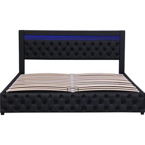 Merax Luxe Tweepersoonsbed 160x200 cm - Kunstleer Gestoffeerd Bed met Hydraulische Opbergruimte en LED-Verlichting - Zwart Kunstleder