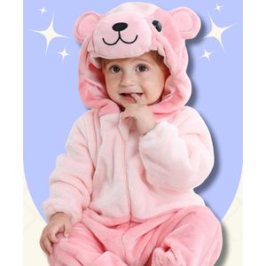 BoefieBoef Beer Roze Dieren Onesie & Pyjama voor Baby & Dreumes en Peuter tm 18 maanden - Kinder Verkleedkleding - Dieren Kostuum Pak