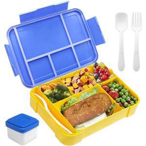 Lunchbox 1300 ml, lekvrij, broodtrommel voor kinderen met 5 vakken en bestekset, BPA-vrij, broodtrommel voor kinderen en volwassenen, voor magnetron, vaatwasser (blauw-geel)