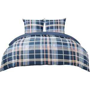 Bed Linen 155 x 220 cm Cotton Duvet Cover - Bedding Sets 155 x 220 cm 3-Piece with 2 Pillowcases 80 x 80 cm, Oeko-Tex Cotton Bed Linen with Zip Blue Checked Pattern