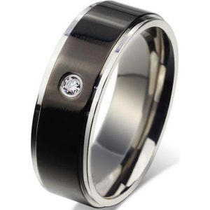 Schitterende Zwart Zilver Ring met Zirkonia Steentje | Damesring | Herenring | 21,50 mm. Maat 68