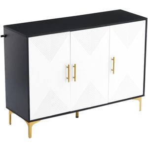 Dressoir met witte mat gestreepte deuren, gouden handgrepen en gouden poten, dressoir met open- en sluitbare deuren, geschikt voor slaapkamer, woonkamer en eetkamer