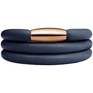 Quiges Blauw Leren Armband zonder Aanschuif Charm Bedels met Magneetsluiting - Dames - RVS Roségoudkleurig - 60cm