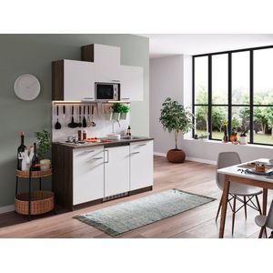 Goedkope keuken 150  cm - complete kleine keuken met apparatuur Oliver - Donker eiken/Wit - elektrische kookplaat  - koelkast  - magnetron - mini keuken - compacte keuken - keukenblok met apparatuur