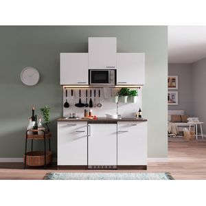 Goedkope keuken 150  cm - complete kleine keuken met apparatuur Oliver - Donker eiken/Wit - elektrische kookplaat  - koelkast  - magnetron - mini keuken - compacte keuken - keukenblok met apparatuur