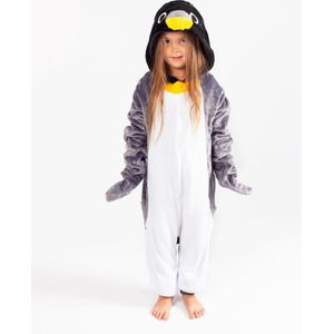 KIMU Onesie Grijze Pinguin Pak - Maat 140-146 - Pinguinpak Kostuum Grijs - Kinder Zacht Huispak Dierenpak Jumpsuit Pyjama Jongen Meisje Festival