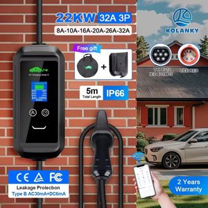 Kolanky Mobiele Thuislader Elektrische Auto 22 kW | Draagbaar | IP66 Waterdicht | 32A 3 Fase | 5 Meter | APP Control | Thuis Lader Type 2 inclusief adapter vanaf stopcontact EU - 8A/10A/16A/20A/26A/32A Schakelbaar |