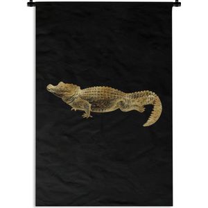 Wandkleed Vintage Afrikaanse dieren - Vintage afbeelding van een Afrikaanse krokodil in het goud op een zwarte achtergrond Wandkleed katoen 60x90 cm - Wandtapijt met foto