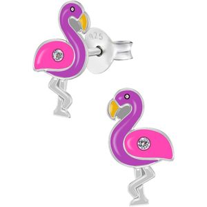 Zilveren oorbellen meisje | Oorbellen kind | Zilveren oorstekers, roze met paarse flamingo met kristal