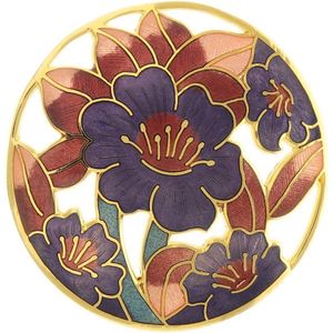 Behave® Dames Broche rond met bloemen paars - emaille sierspeld -  sjaalspeld  5 cm