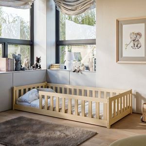 Kinderbed Vloerbed 90x200 cm Bed met uitvalbescherming & lattenbodem Montessoribed Kinderledikant Jeugdbed Eenpersoonsbed optioneel met matras | natuurlijk massief grenenhout jongen meisje