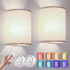 Accu Wandlamp - USB Oplaadbaar - RGB Dimbaar - Beige Stoffen Lampenkamp - Wandverlichting - Met Afstandsbediening - [Energieklasse A]