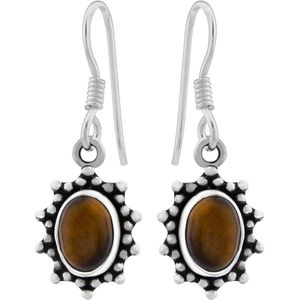 Zilveren oorbellen met hanger dames | Zilveren oorhangers, ovale tiger eye steen met rand van bolletjes en punten