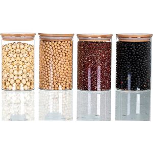 4-pack 1000ml glazen potten met bamboe deksels, etiketten en krijt - voor keukenopslag