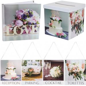 6-delige Collage de Mariage set met enveloppendoos, gastenboek en 4 grote decoratie borden - gastenboek moneybox - decoratie - huwelijk - bruiloft - trouwen