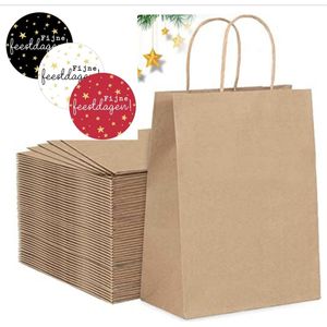 50 x kleine papieren cadeautasjes 18x8x22 cm bruin + stickers « Fijne feestdagen » Kersttassen met handvat Kersttasje Kerst verpakking draagtassen