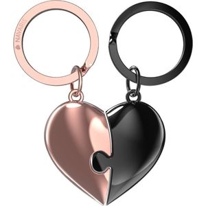 Navaris dubbele sleutelhanger met puzzelhart - Metalen sleutelhangers met deelbaar hartje - Als cadeau voor je geliefde - In roségoud/antraciet