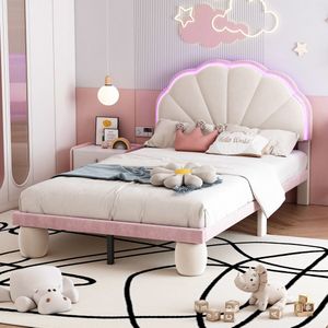 Sweiko Kinderbed, Lief meisjesbed, Gestoffeerd bed met veelkleurige, Afwisselende lichte strepen, Hoofdbord met geschulpte rand, met gestoffeerde ronde poten, met houten lattenbodem, Eenpersoonsbed, fluweel, Beige+Roze, 90x200cm