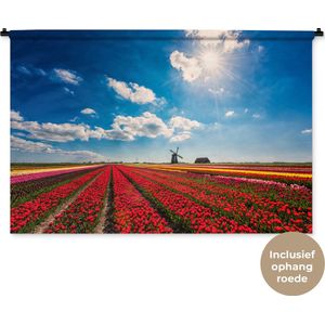 Wandkleed Landschappen Nederland - Indrukwekkend tulpenveld in Nederland Wandkleed katoen 150x100 cm - Wandtapijt met foto