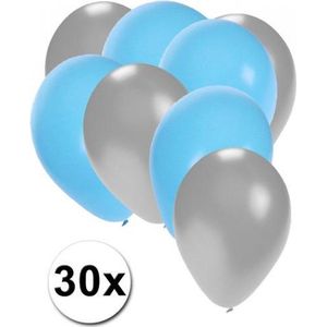 30x ballonnen zilver en lichtblauw
