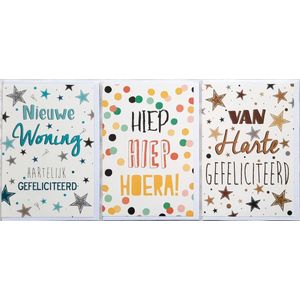 3 Wenskaarten - Nieuwe Woning + Van Harte Gefeliciteerd + Hiep Hiep Hoera - 12 x 17 cm – WON-307