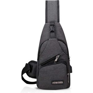 Unisex schoudertas heren dames borstzak sling bag rugzak met USB schoudertas sporttas voor wandelen, avontuur, sport, reizen en joggen, zwart grijs, l