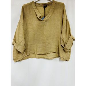 Mooi linnen korte - cropped top - v-hals hals - kraagje - raglan mouwen kleur CAMEL - one size