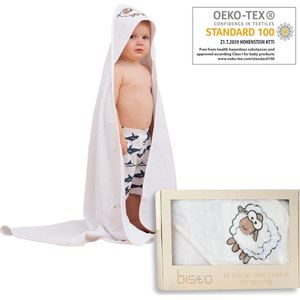 XL capuchonhanddoek baby - babyhanddoek met capuchon 100x100 cm - grote babybadhanddoek voor pasgeborenen - capuchonhanddoeken met borduurwerk van schaap - 100% katoen Oeko-Tex certificaat (wit)