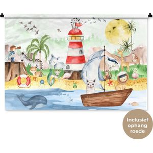 Wandkleed - Wanddoek - Strand - Dieren - Kinderen - Vuurtoren - Jongens - 150x100 cm - Wandtapijt