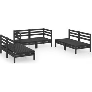 vidaXL Loungeset - 6-delig - Massief Grenen - Zwart Loungeset - Tuinmeubel - Buitentijd - Terras - Balkon