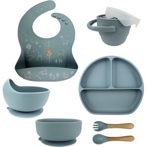 Kinderservies set - 6 delig Blauw - Siliconen - Antislip - Baby - Kind - Kinderbord - Kommetje - Slabber met opdruk - Besteksetje - Bakje - Snack cup - Met zuignap - Vanaf 6 maanden - Kraamcadeau – Babyshower cadeau