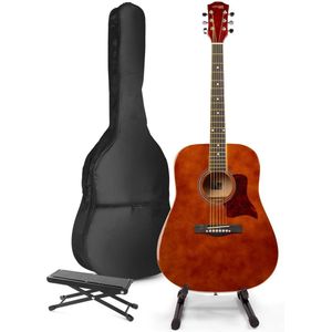 Akoestische gitaar voor beginners - MAX SoloJam Western gitaar - Incl. gitaar standaard, voetsteun, gitaar stemapparaat, gitaartas en 2x plectrum - Bruin (hout)