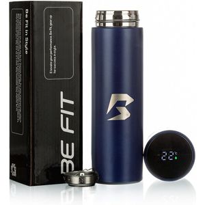 Be Fit Thermosfles RVS - Thermosbeker / Thermoskan - Bidon & Drinkfles - Drinkflessen - Sport & Fitness - Isoleerfles - Koffiebeker - 500 ML - met LED Display - Blauw (2 stuks, 1+1 Gratis)