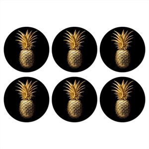 Onderzetters voor glazen - Rond - Ananas - Zwart - Goud - Luxe - 10x10 cm - Glasonderzetters - 6 stuks