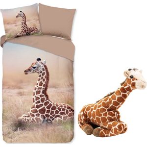 Dekbedovertrek Giraffe- Beige bruin- Afrika- 140x200/220- Katoen- incl. pluche Giraffe knuffel 35 cm hoog!