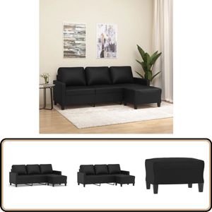 vidaXL Driezitsbank met voetenbank - Kunstleer - Zwart Drie Zitsbank - Zwarte Sofa - Salon Meubilair - Lounge Set - Comfort Zitmeubelen