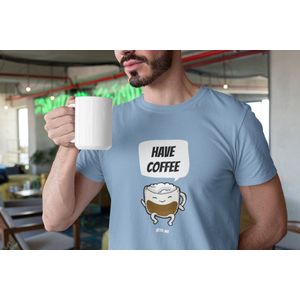 Shirt - Have coffee with me - Wurban Wear | Grappig shirt | Koffie | Unisex tshirt | Koffiezetapparaat | Koffiebonen | Wit, Zwart & Licht blauw