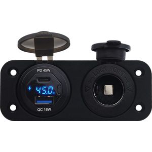 ProRide 12V USB/USB C Autolader 2 Poorten Inbouw met Wattagemeter - 45W/QC3.0 - met 12/24V Sigaretten stopcontact - Blauw