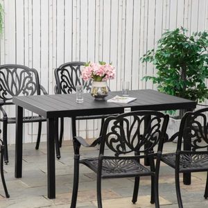 Zwarte kunststof tuin- en eettafel voor 6 personen - Onderhoudsvriendelijk aluminium meubilair - 140 x 90 x 74 cm