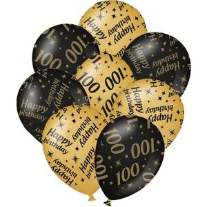 Verjaardag ballonnen - 100 jaar en happy birthday 12x stuks zwart/goud