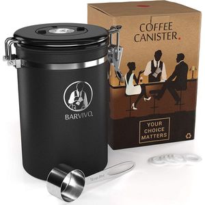 Barvivo Koffiebus voor gemalen koffie en koffiebonen - luchtdichte koffiecontainer met CO2-afgifte klep, datumtracker en maatschep - koffiecontainers om koffiebonen vers te houden - zwart