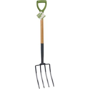 Kinzo Spitvork 4 Tanden – Tuinvork met Houten Steel – Riek voor Grondbewerking, Compost, Moestuin – Robuuste Woelvork – Tuingereedschap voor Spitten, Beluchten en Losmaken