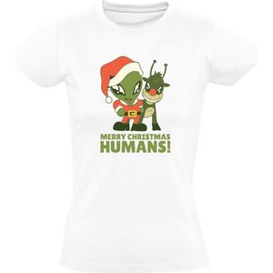 Merry christmas humans Dames T-shirt - kerst - feest - christmas - alien - ruimte - space - dieren - kerstman - rendier - cadeau - grappig - kerstshirt