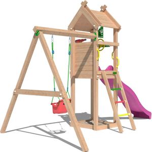 Jungle Gym speeltoestel van douglas hout - Jungle Tent met roze glijbaan - Tuin speeltoestel voor buiten met zandbak, schommel en speelhuisje
