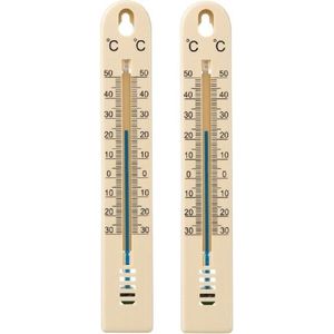 Set van 2x Stuks Binnen/Buiten Thermometer Beige Kunststof 3 X 17 cm - Weermeters